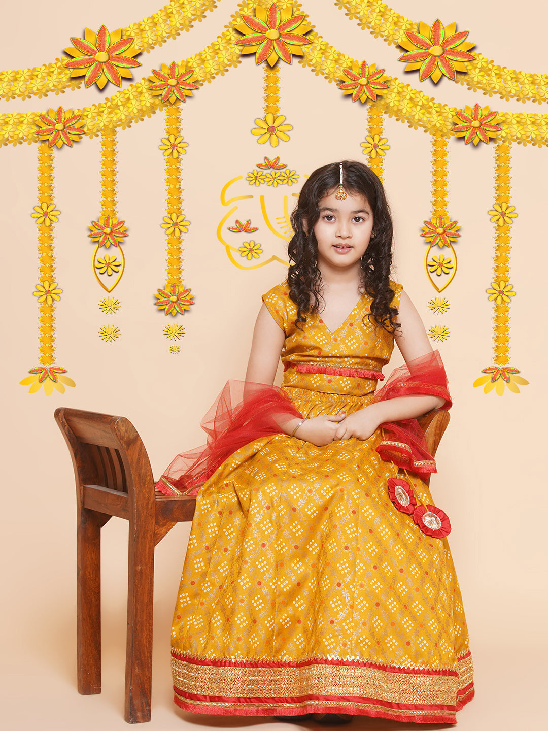 Girls Yellow Mustard Bandhej Printed Lace Work Lehanga,Choli With Dupatta. for Kids - Bhama - Distacart