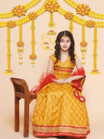Thumbnail for Girls Yellow Mustard Bandhej Printed Lace Work Lehanga,Choli With Dupatta. for Kids - Bhama - Distacart