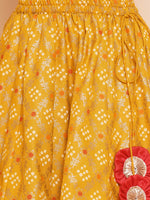 Thumbnail for Girls Yellow Mustard Bandhej Printed Lace Work Lehanga,Choli With Dupatta. for Kids - Bhama - Distacart