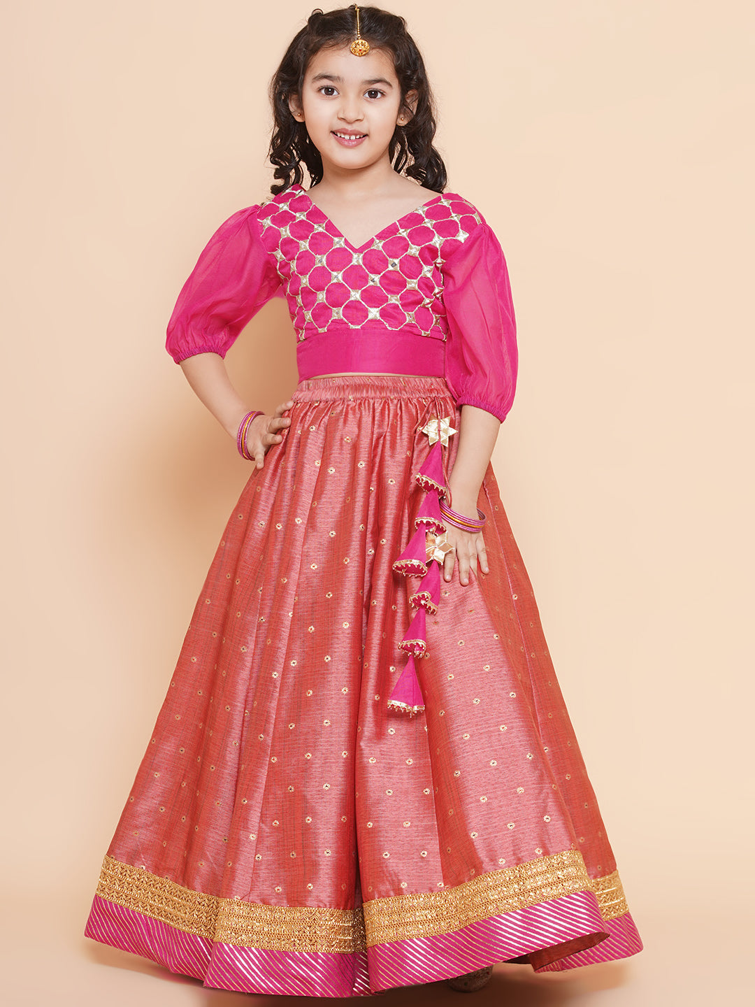 Girls Embroidered Mirror Work Choli Ready To Wear Lehenga for Kids - Bhama - Distacart