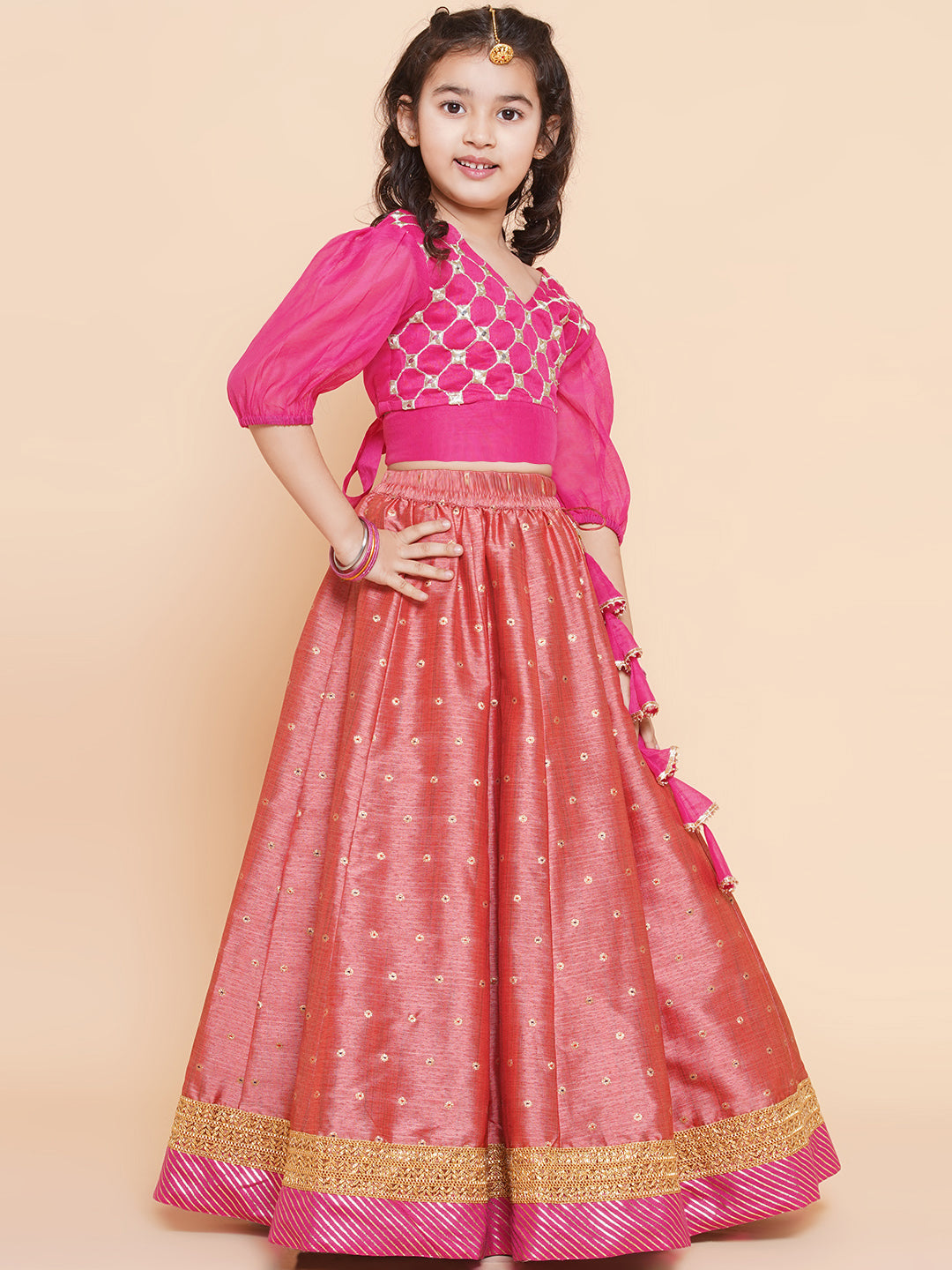 Girls Embroidered Mirror Work Choli Ready To Wear Lehenga for Kids - Bhama - Distacart