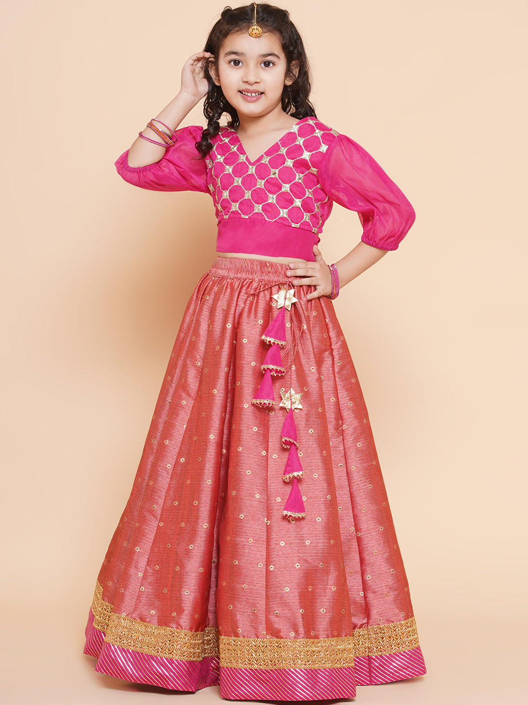 Girls Embroidered Mirror Work Choli Ready To Wear Lehenga for Kids - Bhama - Distacart