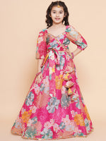 Thumbnail for Girls Pink Flower Digital Multi Print Lace Work Choli With Ready To Wear Lehenga. for Kids - Bhama - Distacart