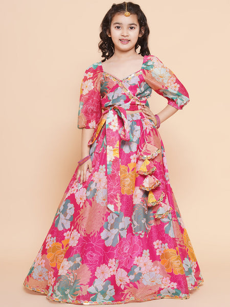 Girls Pink Flower Digital Multi Print Lace Work Choli With Ready To Wear Lehenga. for Kids - Bhama - Distacart