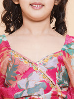 Thumbnail for Girls Pink Flower Digital Multi Print Lace Work Choli With Ready To Wear Lehenga. for Kids - Bhama - Distacart