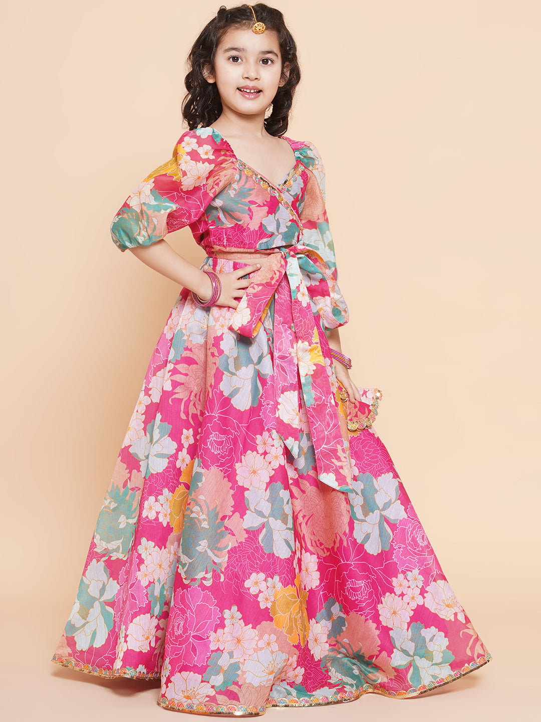 Girls Pink Flower Digital Multi Print Lace Work Choli With Ready To Wear Lehenga. for Kids - Bhama - Distacart
