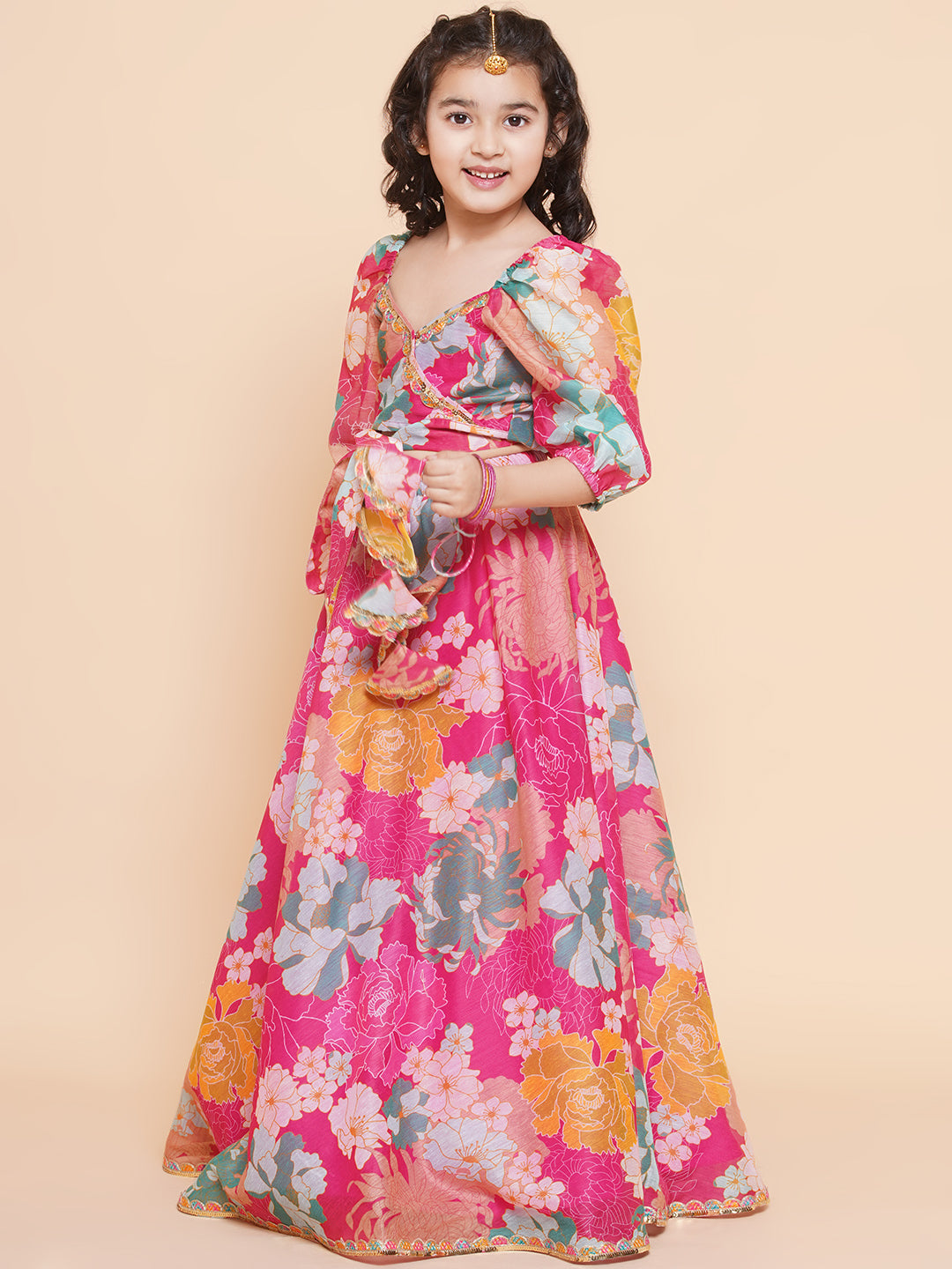Girls Pink Flower Digital Multi Print Lace Work Choli With Ready To Wear Lehenga. for Kids - Bhama - Distacart