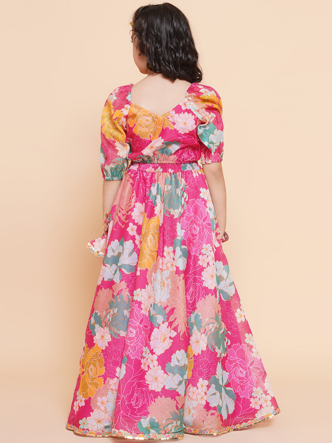 Girls Pink Flower Digital Multi Print Lace Work Choli With Ready To Wear Lehenga. for Kids - Bhama - Distacart