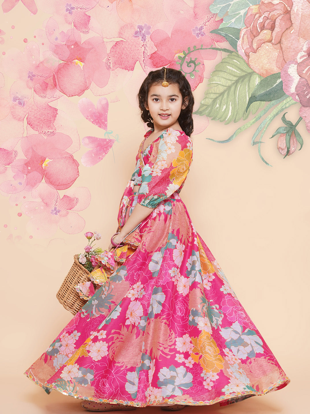 Girls Pink Flower Digital Multi Print Lace Work Choli With Ready To Wear Lehenga. for Kids - Bhama - Distacart