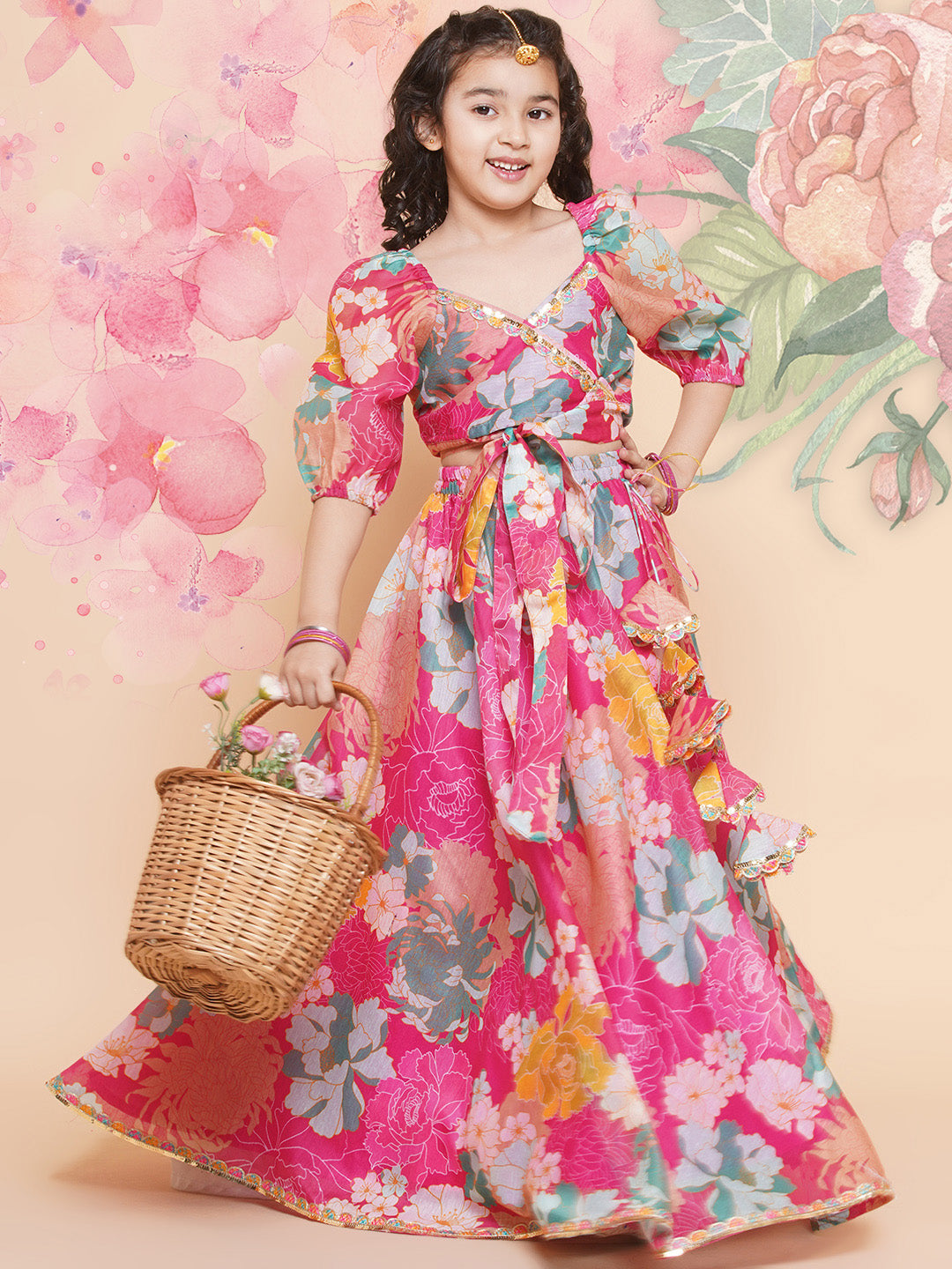 Girls Pink Flower Digital Multi Print Lace Work Choli With Ready To Wear Lehenga. for Kids - Bhama - Distacart