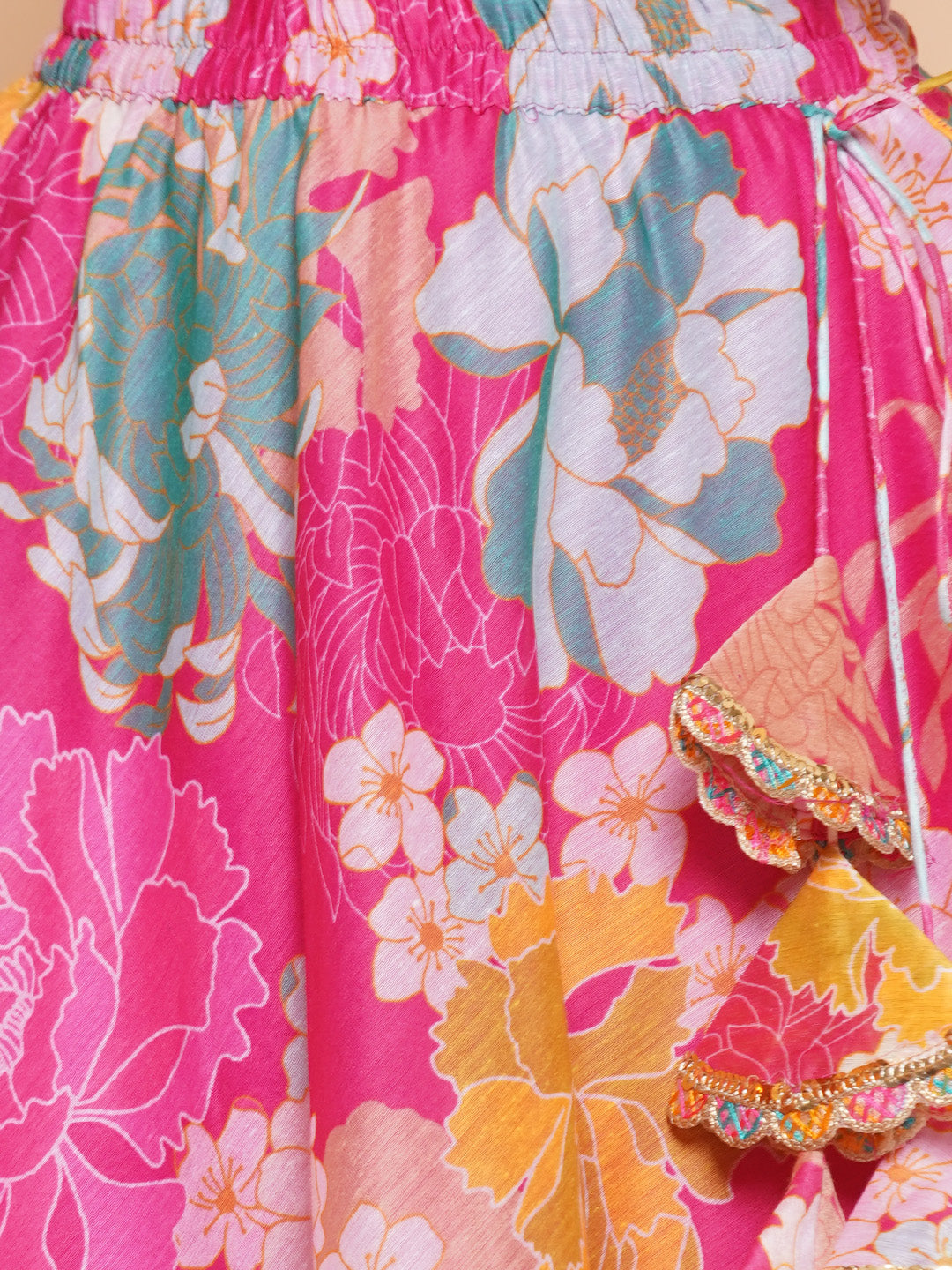 Girls Pink Flower Digital Multi Print Lace Work Choli With Ready To Wear Lehenga. for Kids - Bhama - Distacart