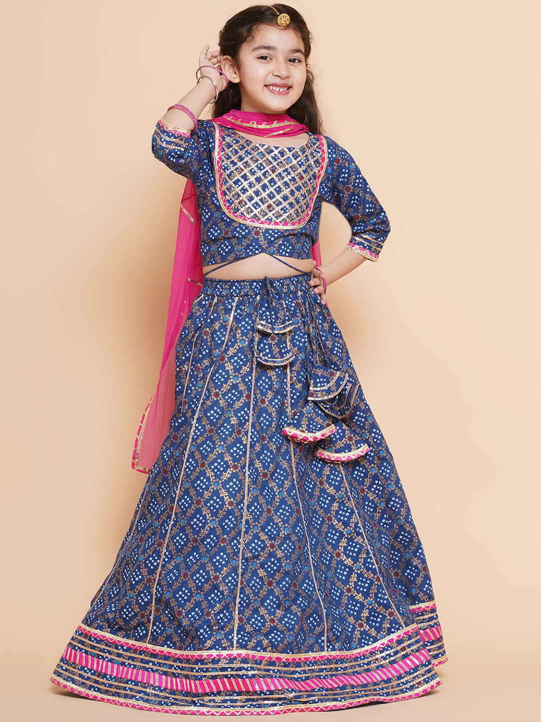 Girls Blue & Pink Printed Ready To Wear Lehenga & Blouse With Dupatta for Kids - Bhama - Distacart