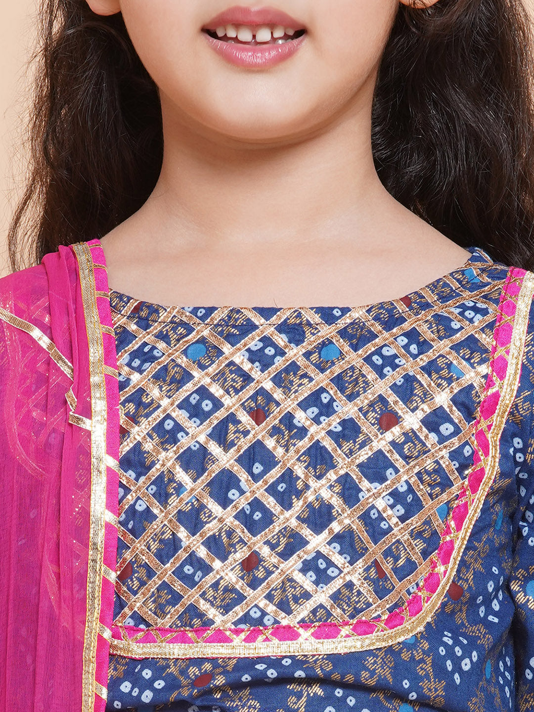 Girls Blue & Pink Printed Ready To Wear Lehenga & Blouse With Dupatta for Kids - Bhama - Distacart