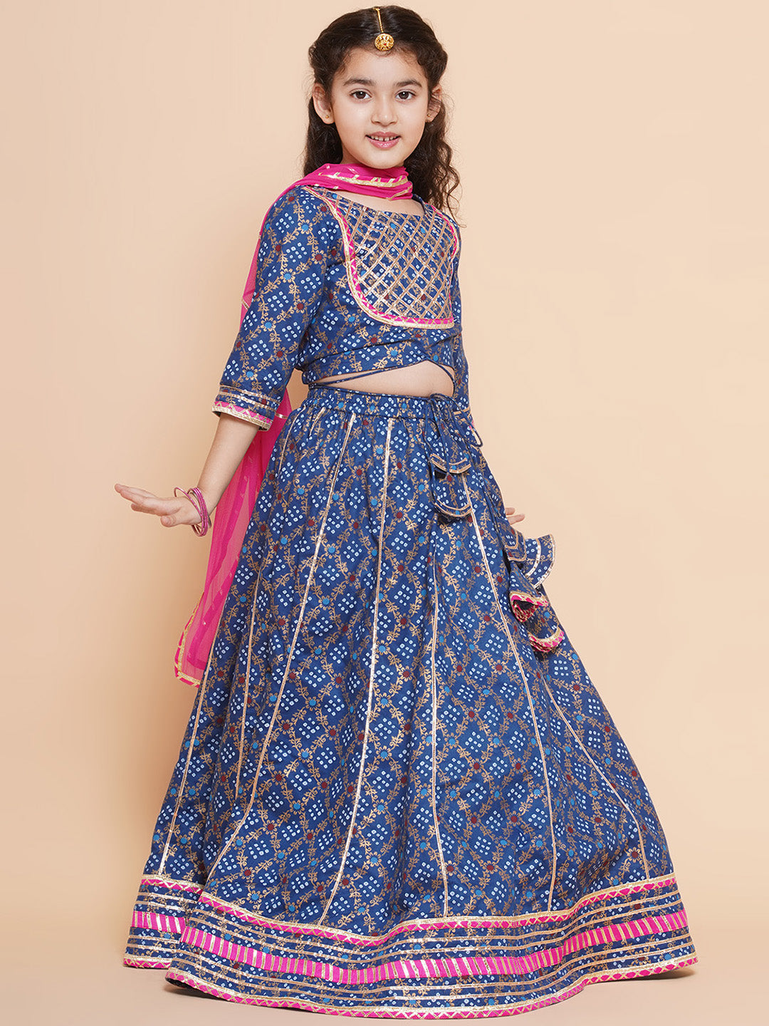 Girls Blue & Pink Printed Ready To Wear Lehenga & Blouse With Dupatta for Kids - Bhama - Distacart
