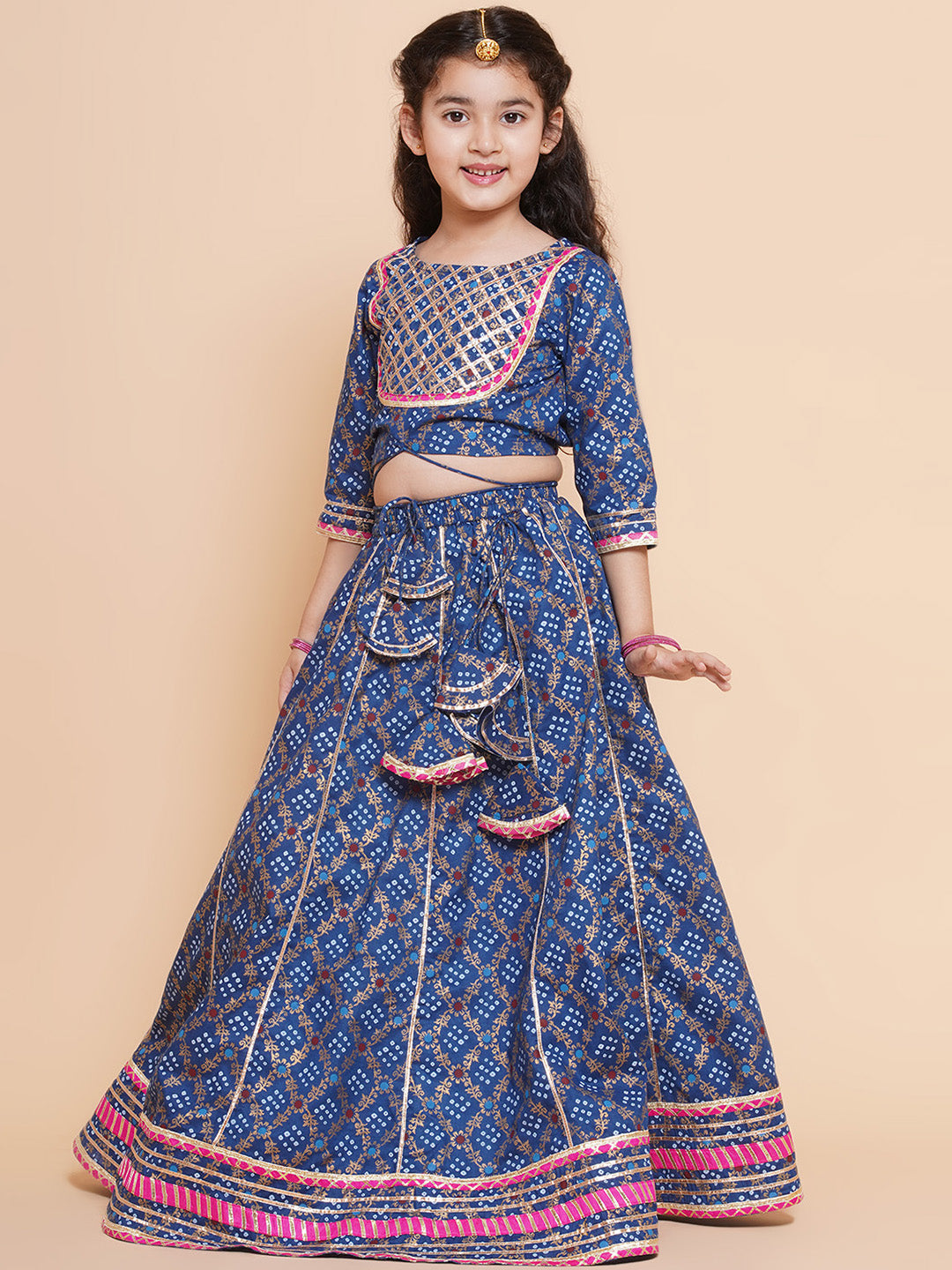 Girls Blue & Pink Printed Ready To Wear Lehenga & Blouse With Dupatta for Kids - Bhama - Distacart