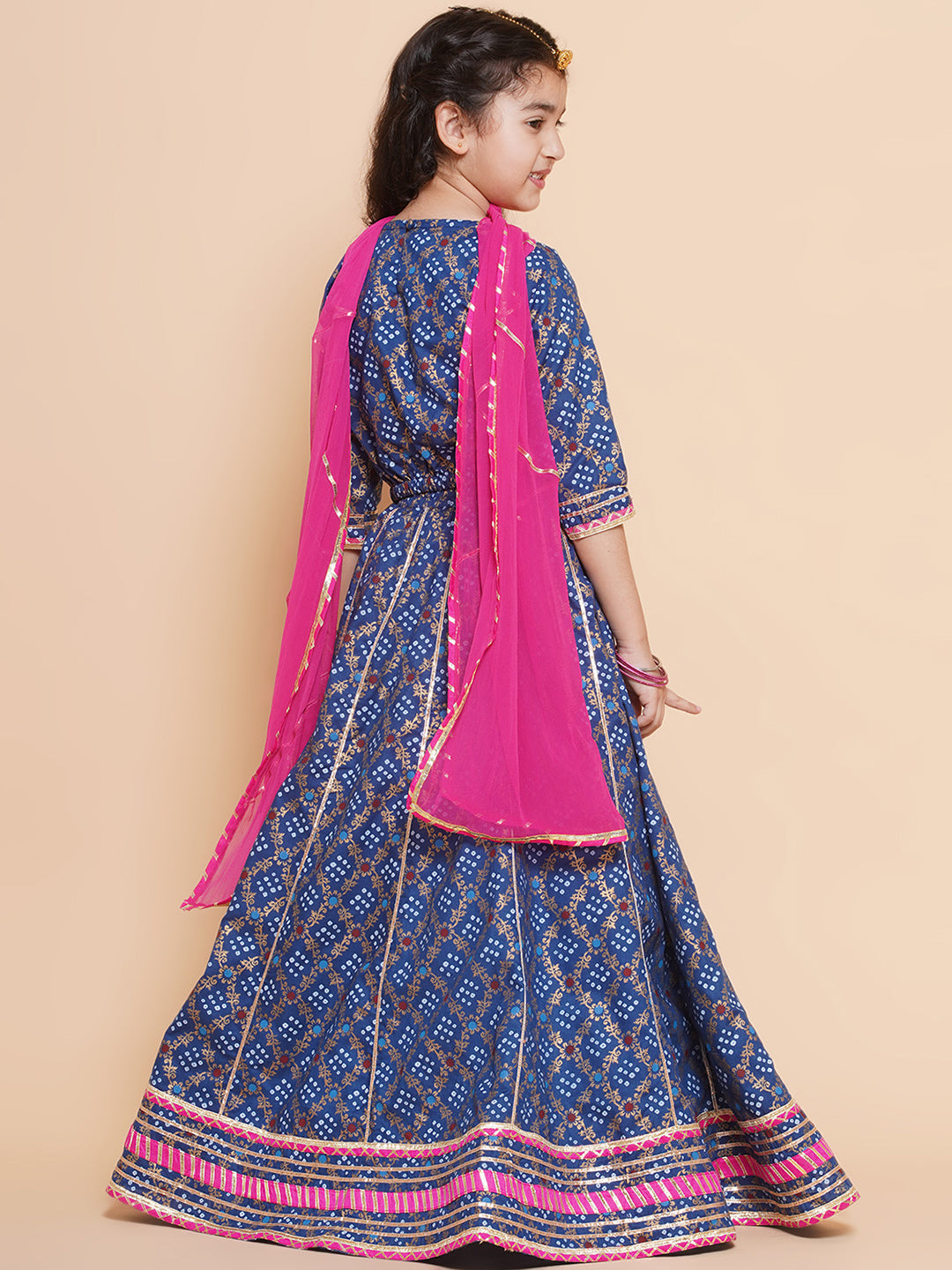 Girls Blue & Pink Printed Ready To Wear Lehenga & Blouse With Dupatta for Kids - Bhama - Distacart