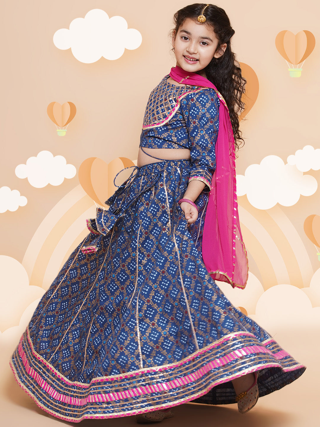 Girls Blue & Pink Printed Ready To Wear Lehenga & Blouse With Dupatta for Kids - Bhama - Distacart