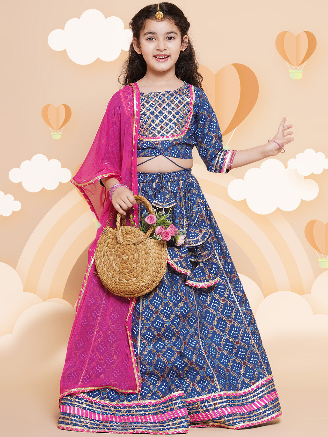 Girls Blue & Pink Printed Ready To Wear Lehenga & Blouse With Dupatta for Kids - Bhama - Distacart
