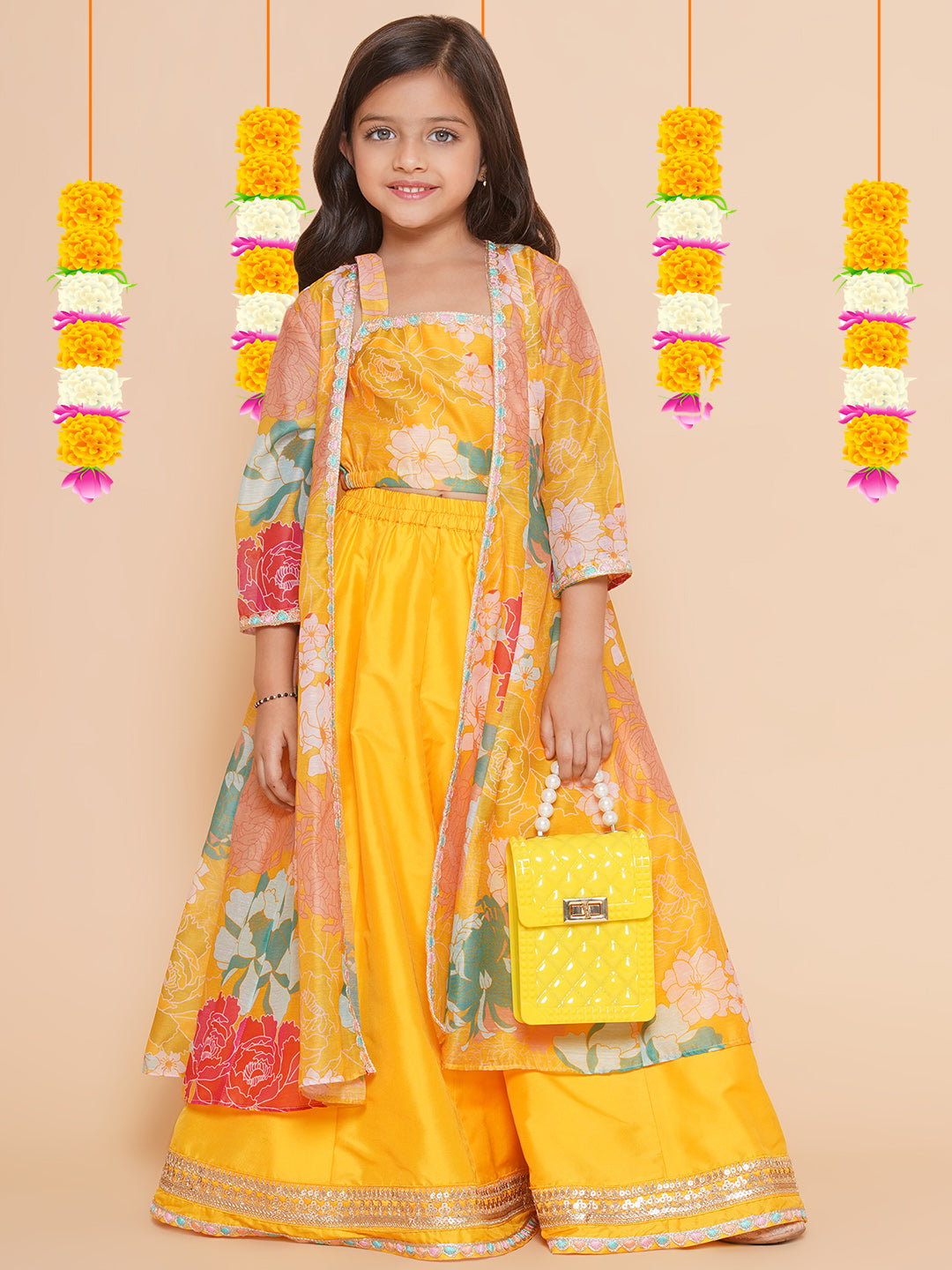 Girls Yellow Floral Print Top & Shrug With Ready to wear Skirts for Kids - Bhama - Distacart