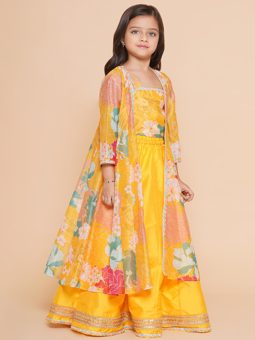 Girls Yellow Floral Print Top & Shrug With Ready to wear Skirts for Kids - Bhama - Distacart