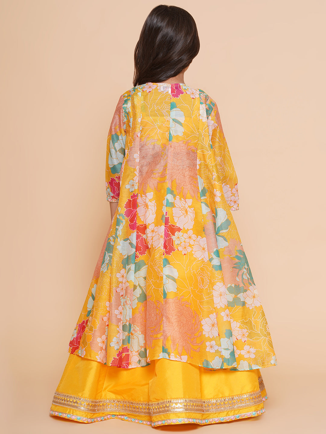 Girls Yellow Floral Print Top & Shrug With Ready to wear Skirts for Kids - Bhama - Distacart