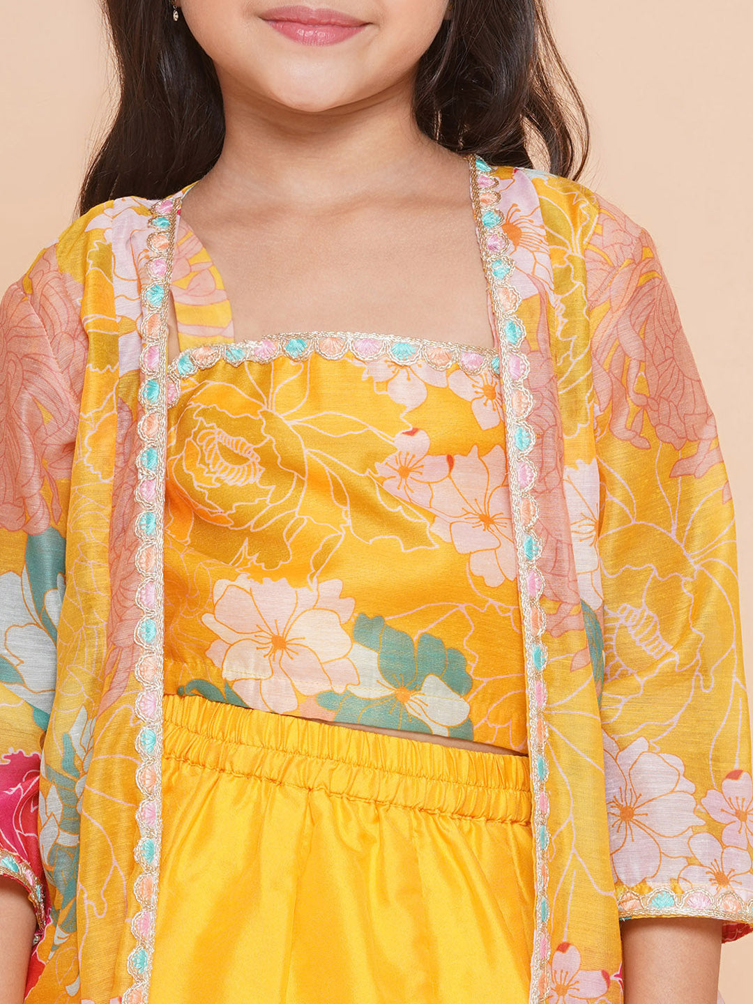 Girls Yellow Floral Print Top & Shrug With Ready to wear Skirts for Kids - Bhama - Distacart