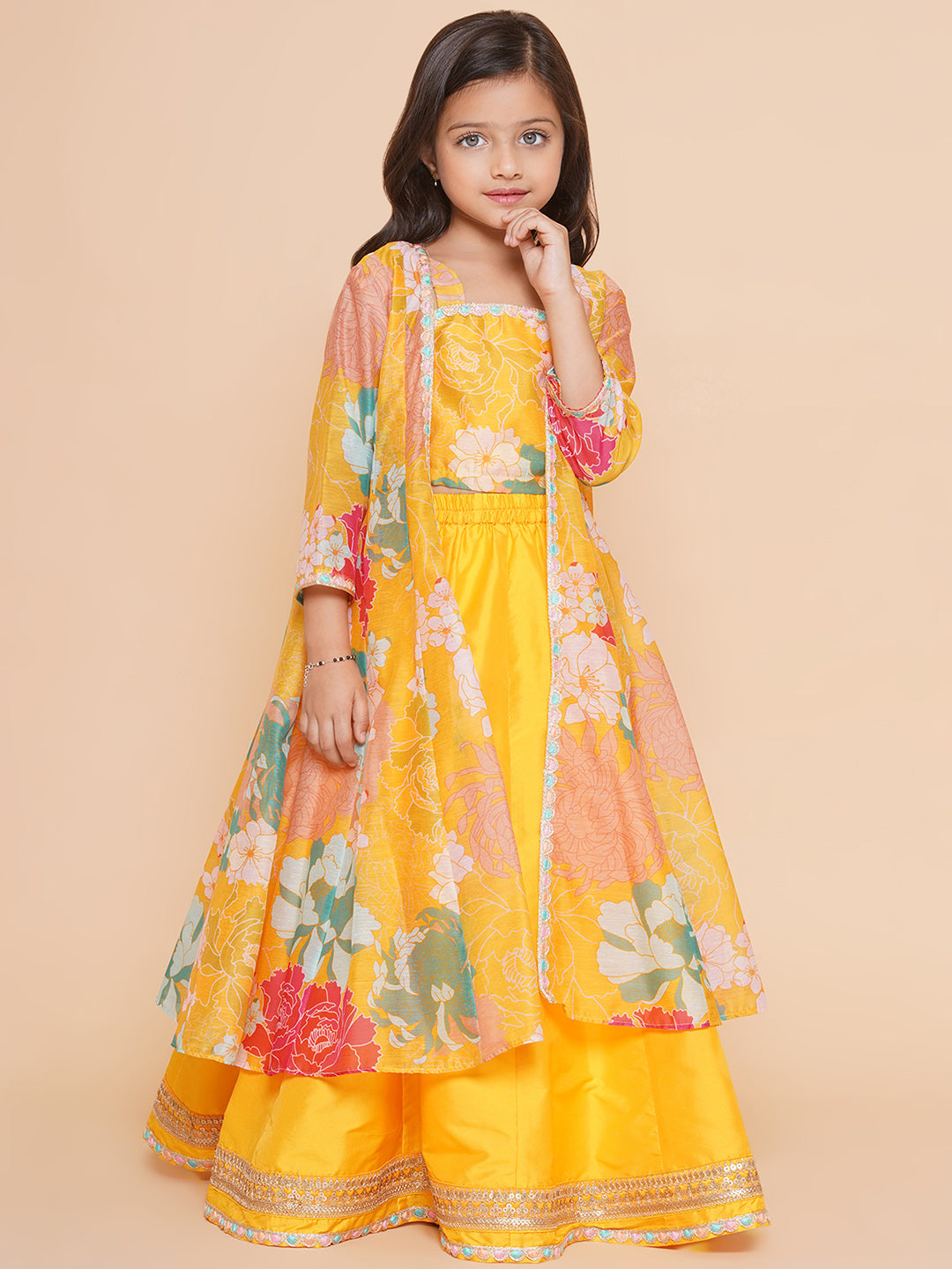 Girls Yellow Floral Print Top & Shrug With Ready to wear Skirts for Kids - Bhama - Distacart