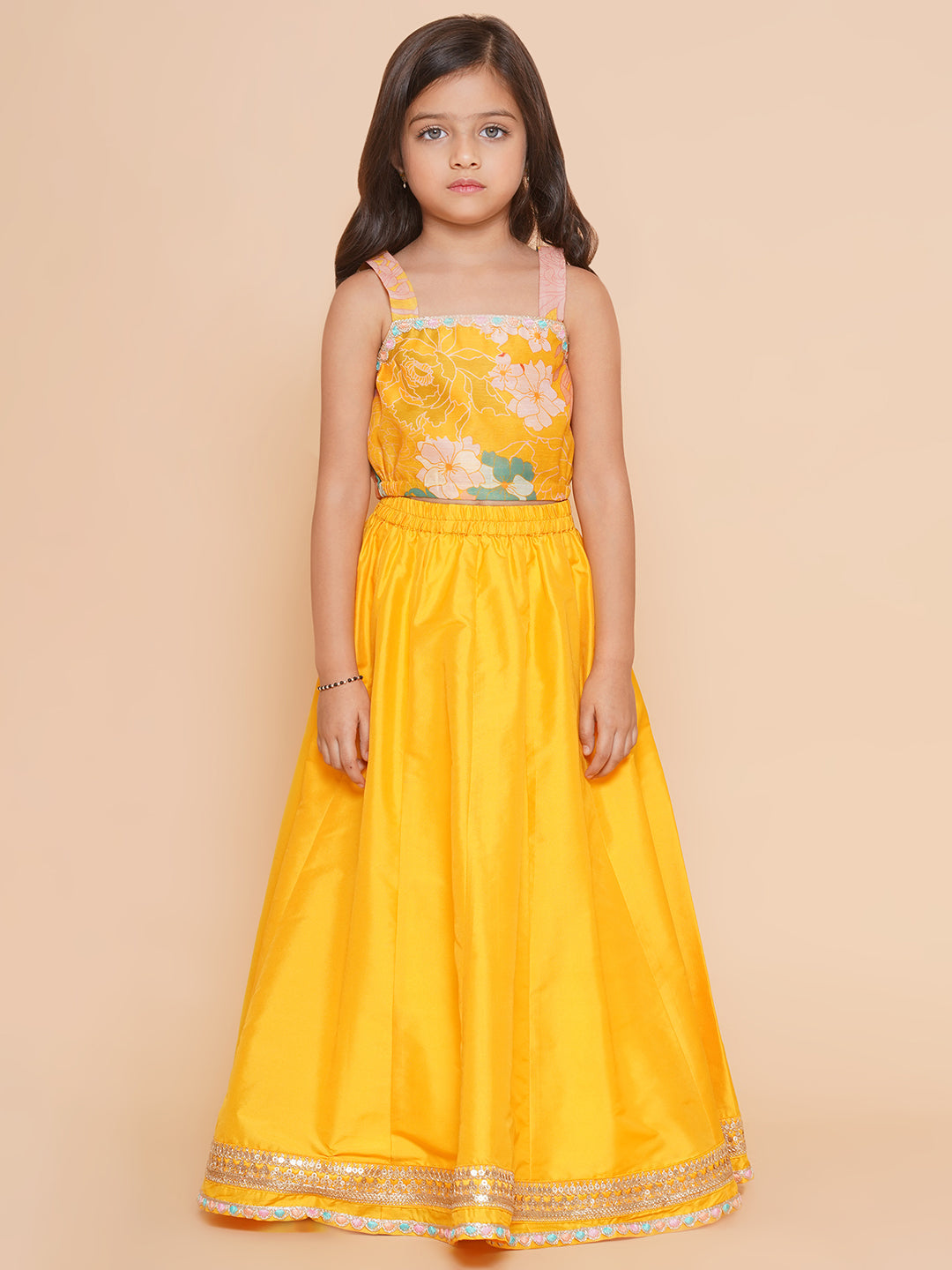 Girls Yellow Floral Print Top & Shrug With Ready to wear Skirts for Kids - Bhama - Distacart