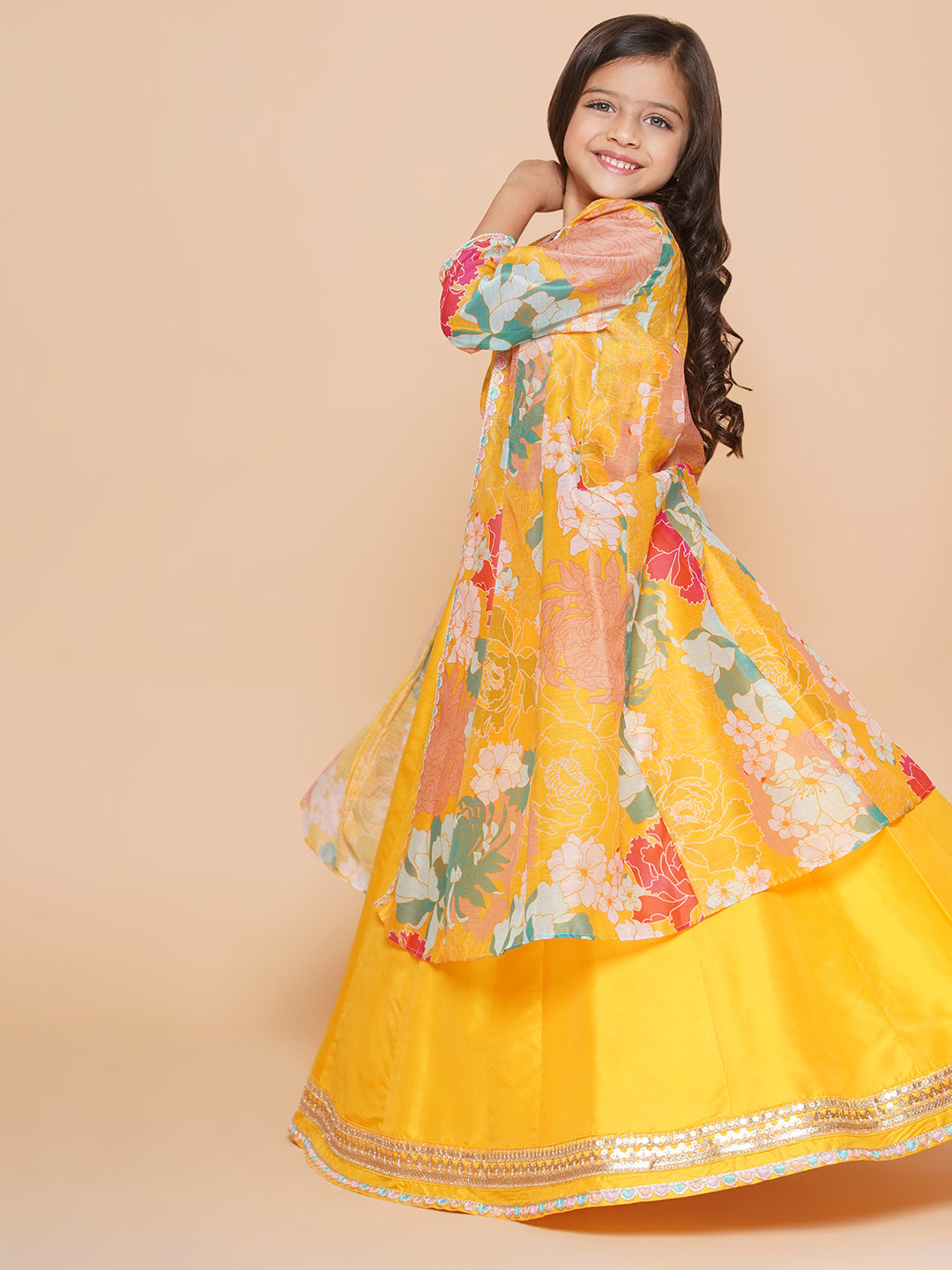 Girls Yellow Floral Print Top & Shrug With Ready to wear Skirts for Kids - Bhama - Distacart
