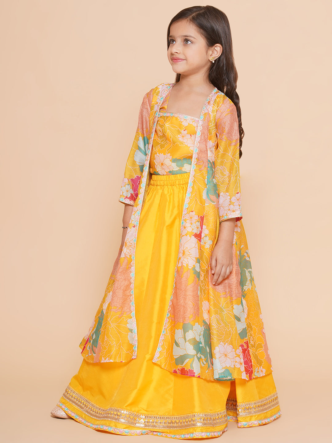 Girls Yellow Floral Print Top & Shrug With Ready to wear Skirts for Kids - Bhama - Distacart