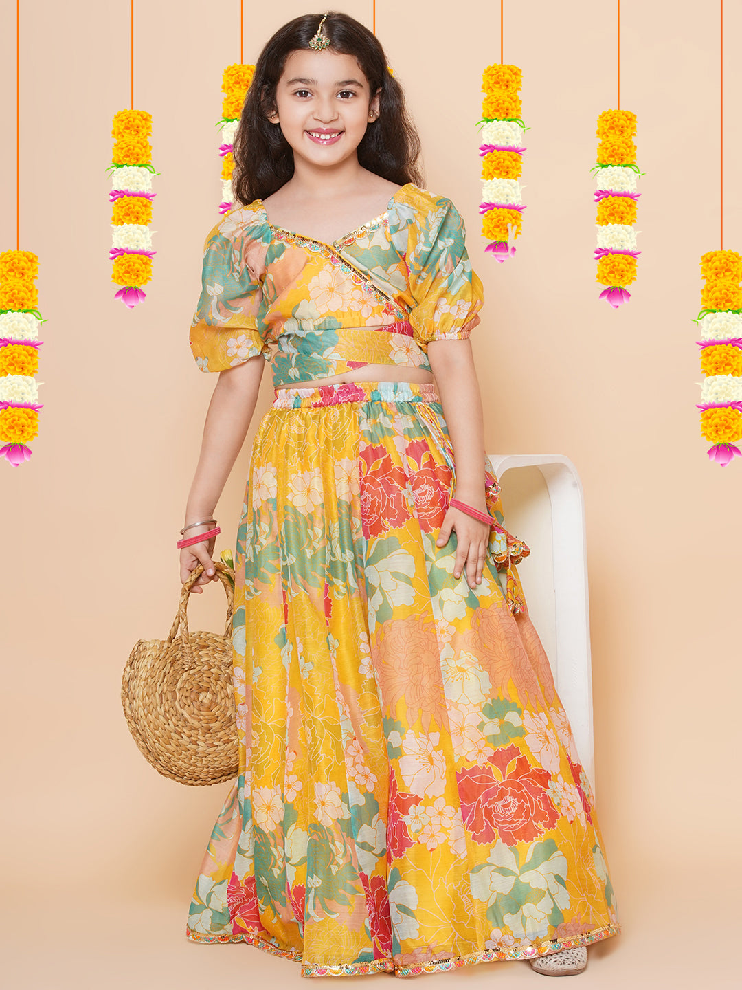 Girls Yellow Flower Digital Print Lace work Choli with Ready to wear Lehenga. for Kids - Bhama - Distacart