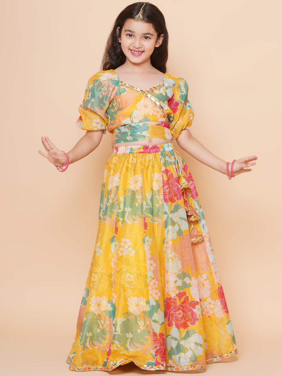Girls Yellow Flower Digital Print Lace work Choli with Ready to wear Lehenga. for Kids - Bhama - Distacart