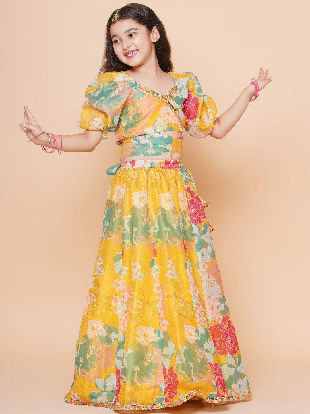 Girls Yellow Flower Digital Print Lace work Choli with Ready to wear Lehenga. for Kids - Bhama - Distacart