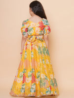 Thumbnail for Girls Yellow Flower Digital Print Lace work Choli with Ready to wear Lehenga. for Kids - Bhama - Distacart