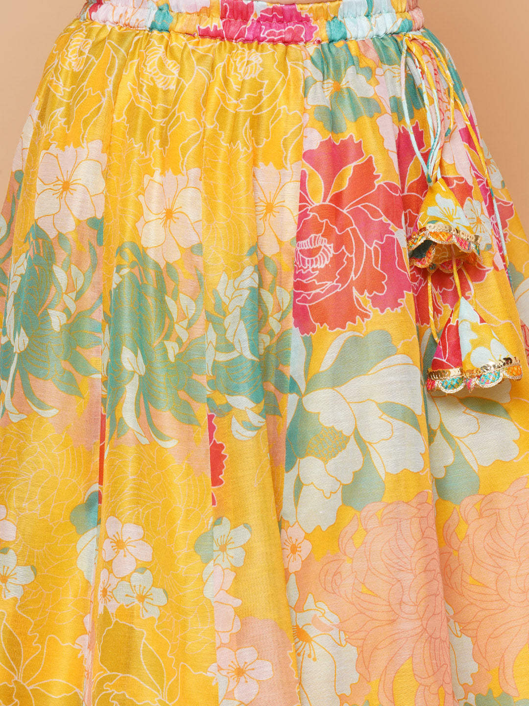 Girls Yellow Flower Digital Print Lace work Choli with Ready to wear Lehenga. for Kids - Bhama - Distacart