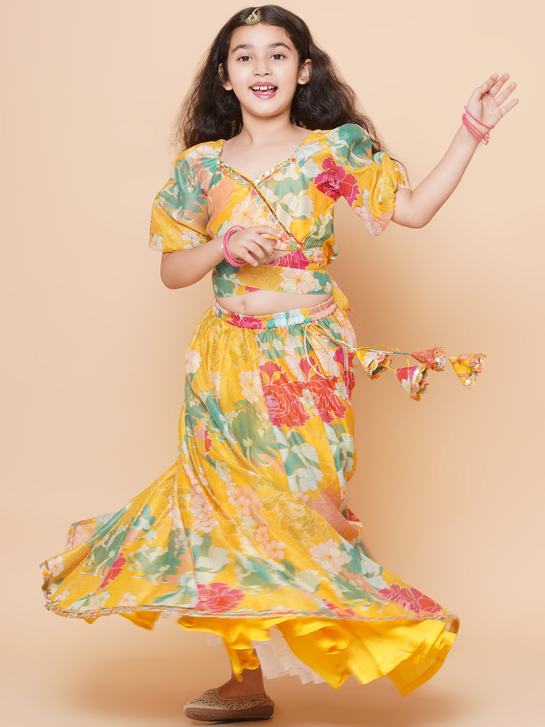 Girls Yellow Flower Digital Print Lace work Choli with Ready to wear Lehenga. for Kids - Bhama - Distacart