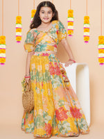 Thumbnail for Girls Yellow Flower Digital Print Lace work Choli with Ready to wear Lehenga. for Kids - Bhama - Distacart