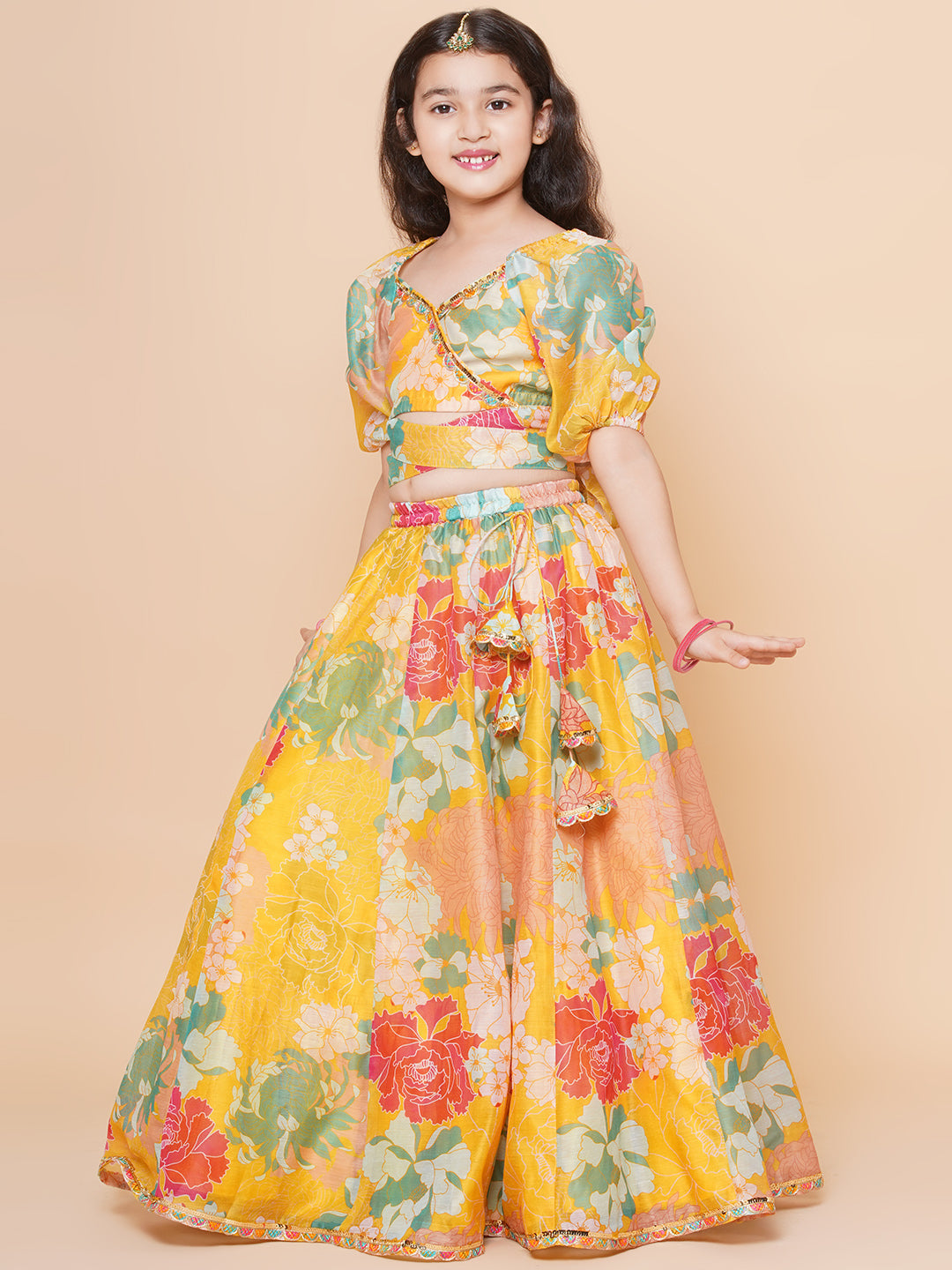 Girls Yellow Flower Digital Print Lace work Choli with Ready to wear Lehenga. for Kids - Bhama - Distacart