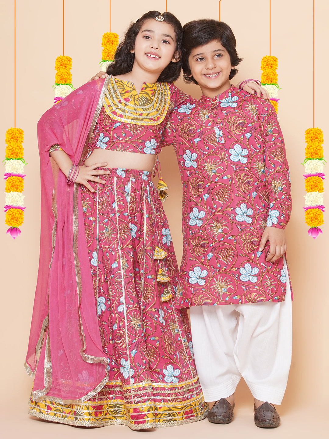 Girls Blush Pink flower Print Lace Work Choli Ready to Wear Lehenga with Dupatta for Kids - Bhama - Distacart