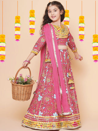 Girls Blush Pink flower Print Lace Work Choli Ready to Wear Lehenga with Dupatta for Kids - Bhama - Distacart