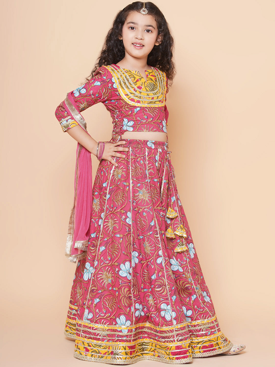Girls Blush Pink flower Print Lace Work Choli Ready to Wear Lehenga with Dupatta for Kids - Bhama - Distacart