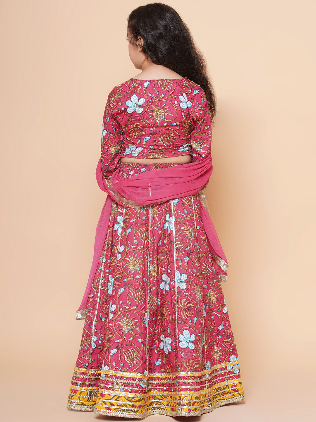 Girls Blush Pink flower Print Lace Work Choli Ready to Wear Lehenga with Dupatta for Kids - Bhama - Distacart