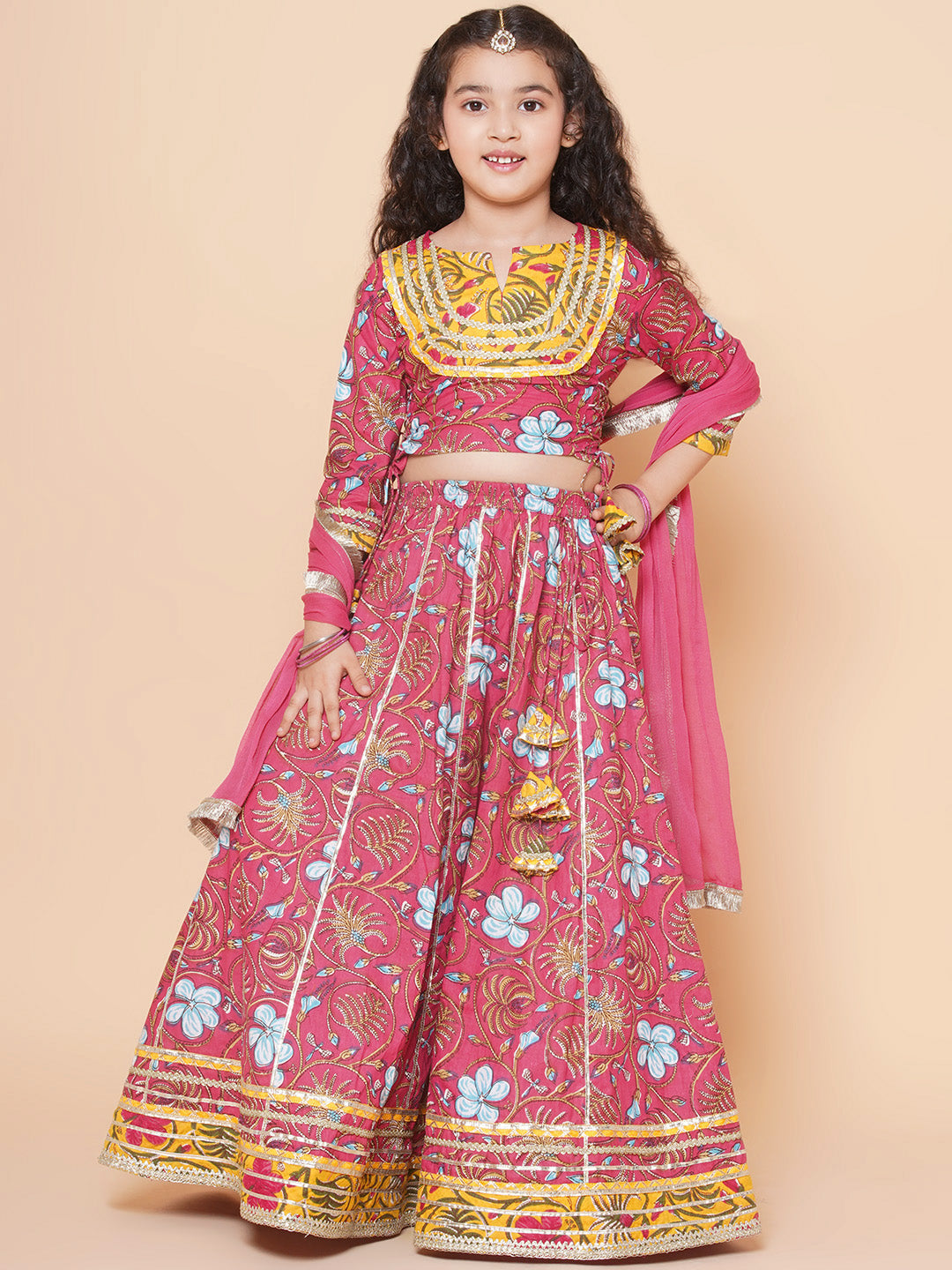Girls Blush Pink flower Print Lace Work Choli Ready to Wear Lehenga with Dupatta for Kids - Bhama - Distacart