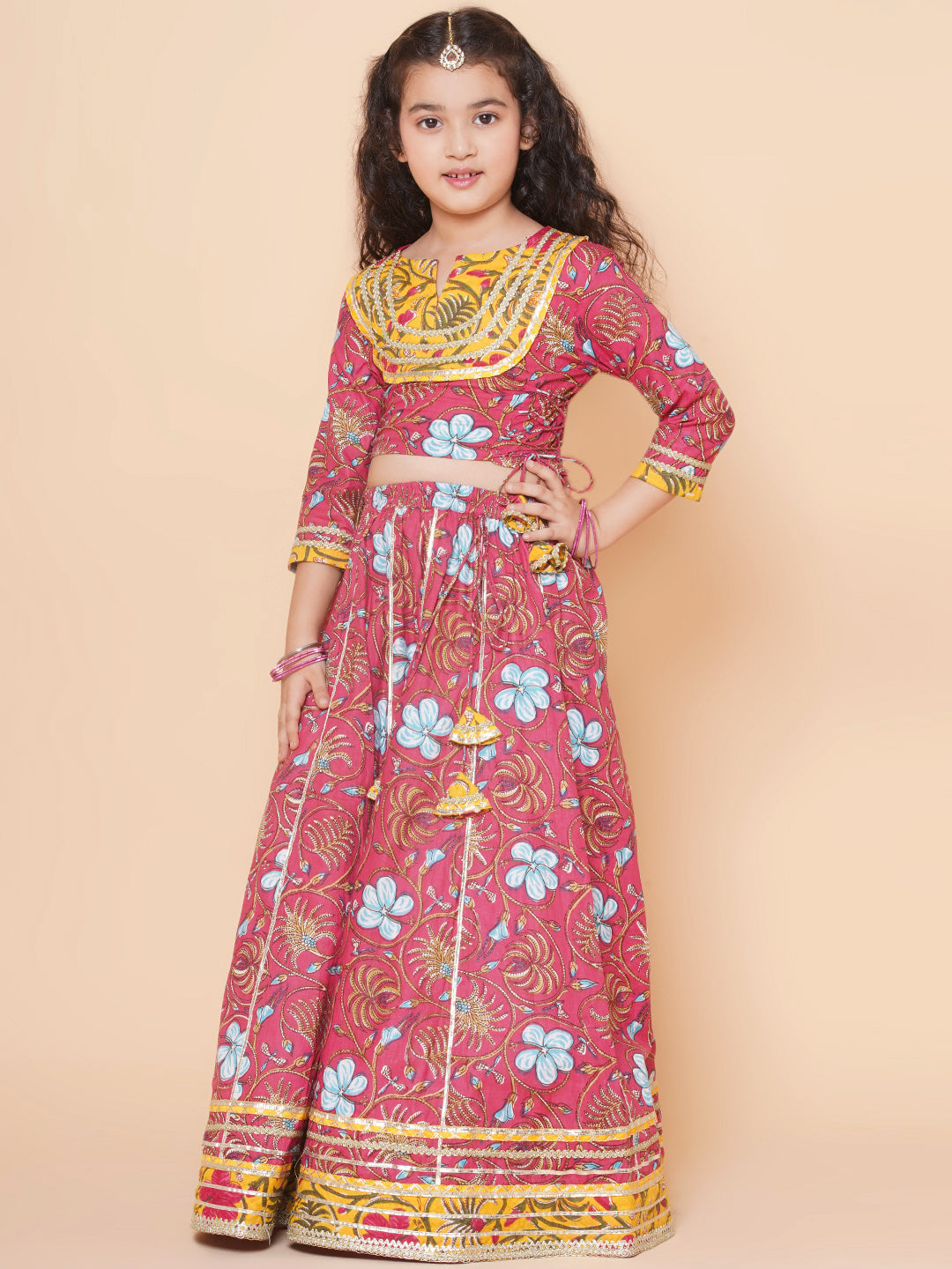 Girls Blush Pink flower Print Lace Work Choli Ready to Wear Lehenga with Dupatta for Kids - Bhama - Distacart