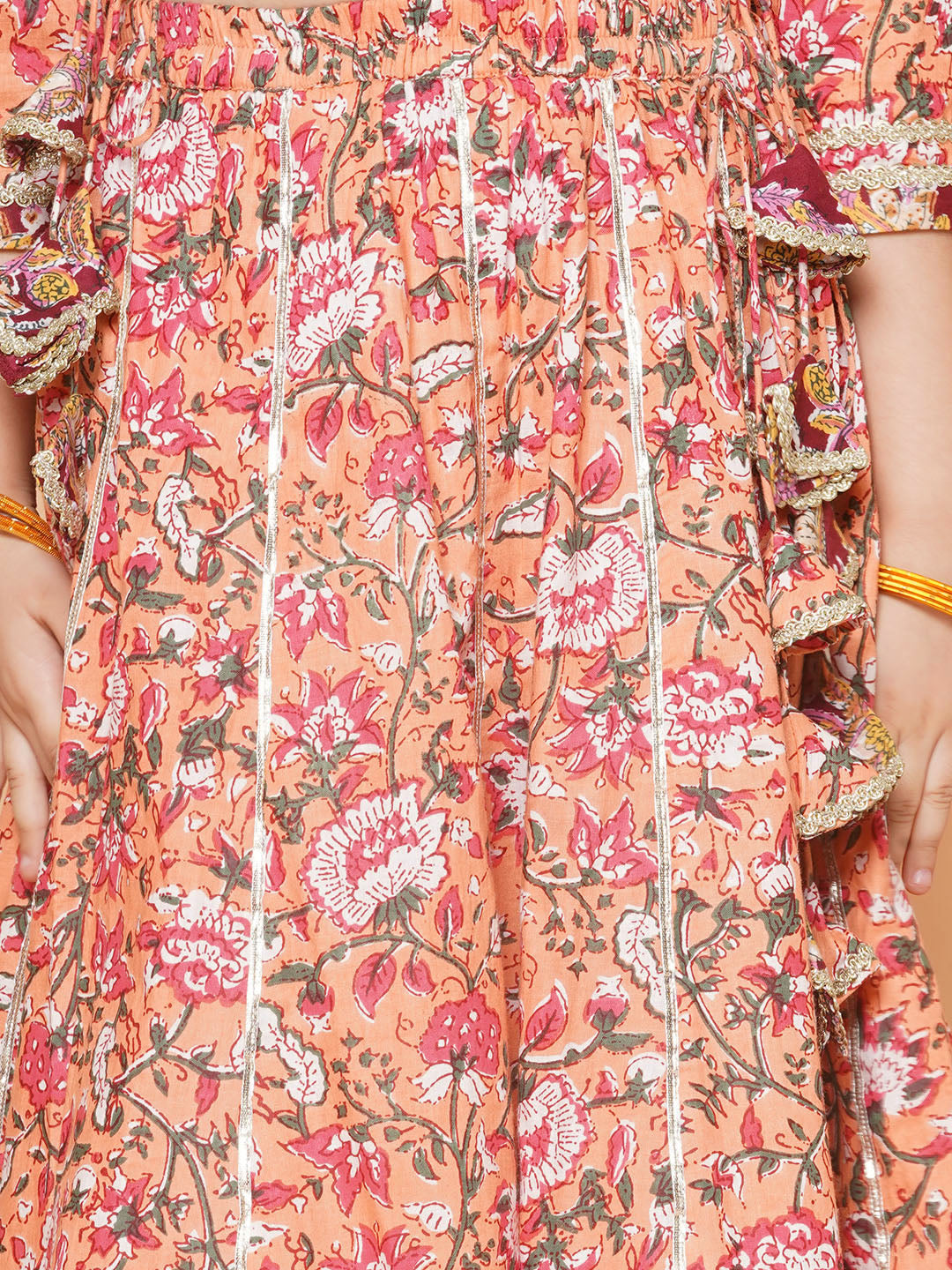 Girls Peach Flower Jaal Printed with Lace detailed Lehenga with Choli With Dupatta for Kids - Bhama - Distacart
