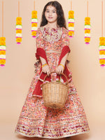 Thumbnail for Girls Peach Flower Jaal Printed with Lace detailed Lehenga with Choli With Dupatta for Kids - Bhama - Distacart