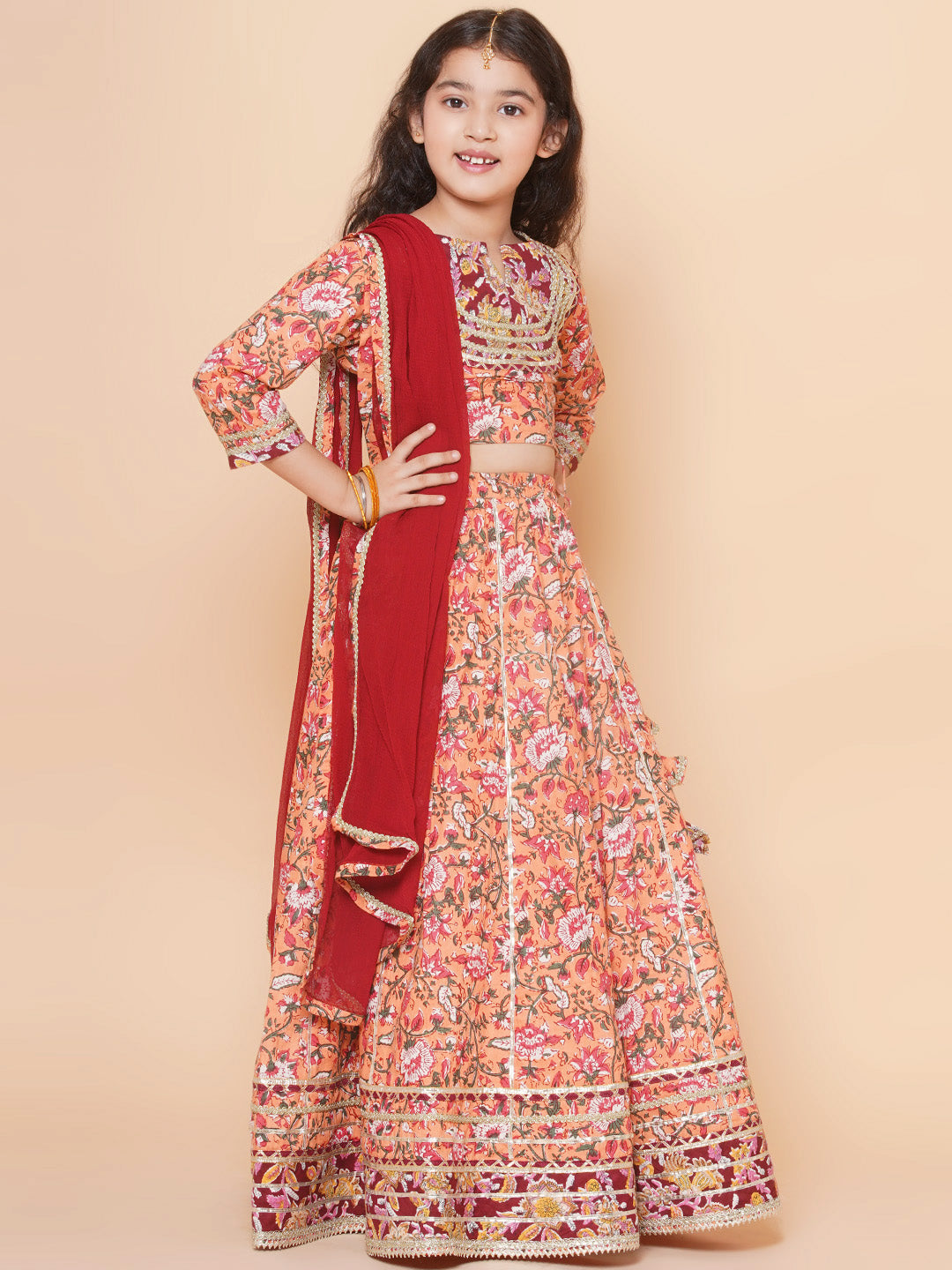 Girls Peach Flower Jaal Printed with Lace detailed Lehenga with Choli With Dupatta for Kids - Bhama - Distacart