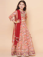 Thumbnail for Girls Peach Flower Jaal Printed with Lace detailed Lehenga with Choli With Dupatta for Kids - Bhama - Distacart