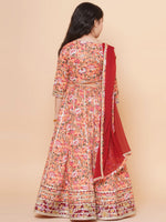 Thumbnail for Girls Peach Flower Jaal Printed with Lace detailed Lehenga with Choli With Dupatta for Kids - Bhama - Distacart