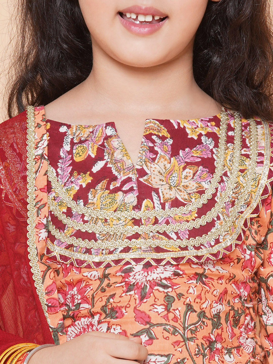 Girls Peach Flower Jaal Printed with Lace detailed Lehenga with Choli With Dupatta for Kids - Bhama - Distacart